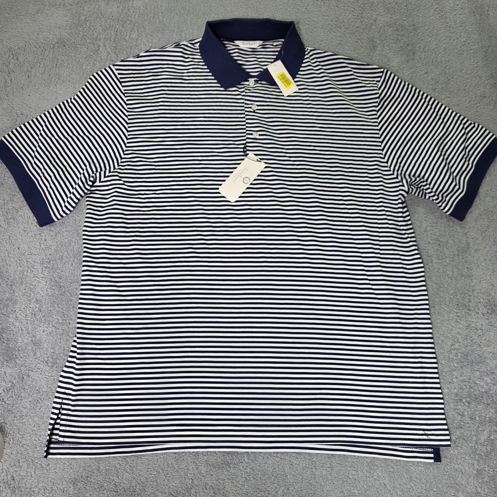 Turnbury Mens Large Polo Shirt Navy Blue White Striped Short Sleeve Cotton NWT